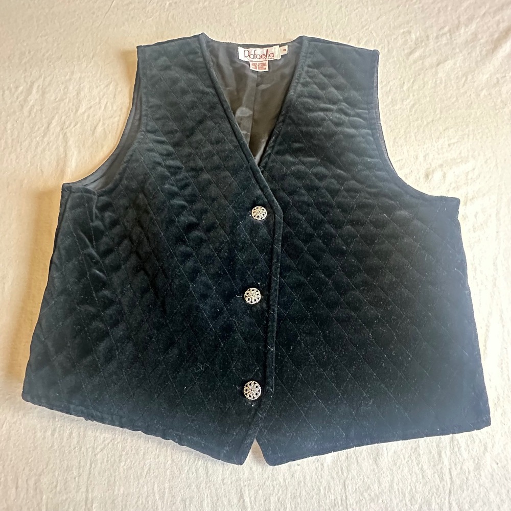 Rafaella‎ Petites Vintage Quilted Velvet Vest Black Cotton Ornate Buttons 8P NWT